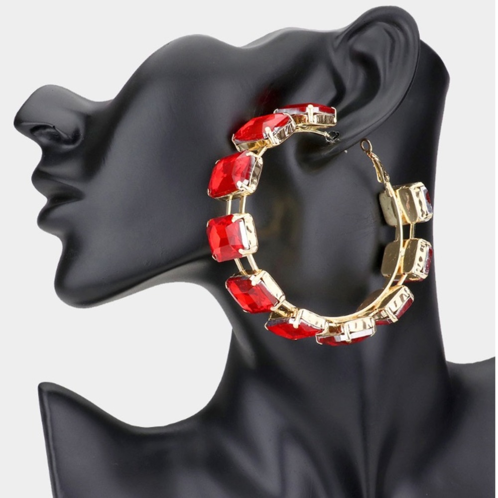 - Rectangle Stone Hoop Evening Earrings